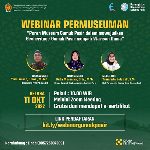WEBINAR PERMUSEUMAN "Peran Museum Gumuk Pasir dalam Mewujudkan Geoheritage Gumuk Pasir Menjadi Warisan Dunia" WEBINAR PERMUSEUMAN "Peran Museum Gumuk Pasir dalam Mewujudkan Geoheritage Gumuk Pasir Menjadi Warisan Dunia"