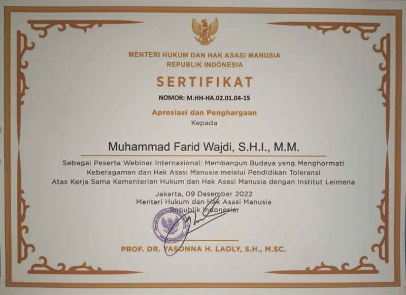 Sertifikat Webinar Internasional Kemenkumham RI - Leimena Institute, 9 Desember 2022. (foto: ist/*)