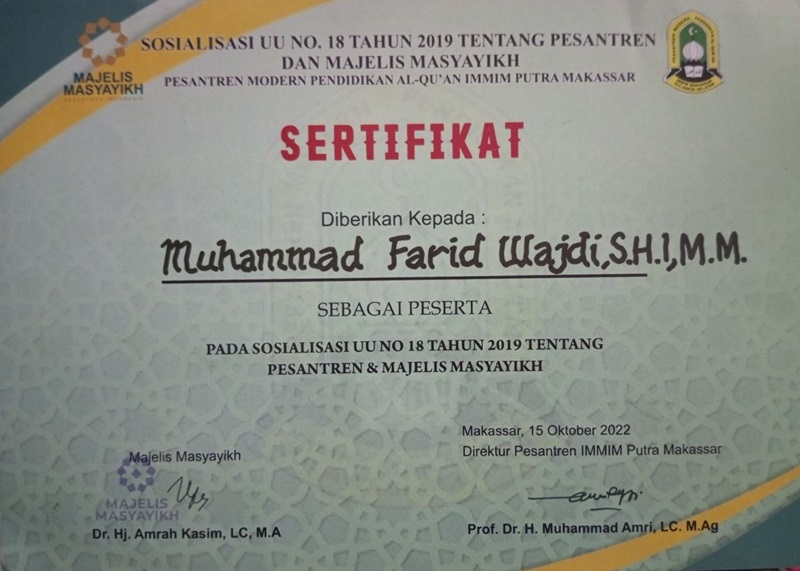 Sertifikat Kehadiran Sosialisasi UU No. 18 Tahun 2019 tentang Pesantren. (foto: ist/*)