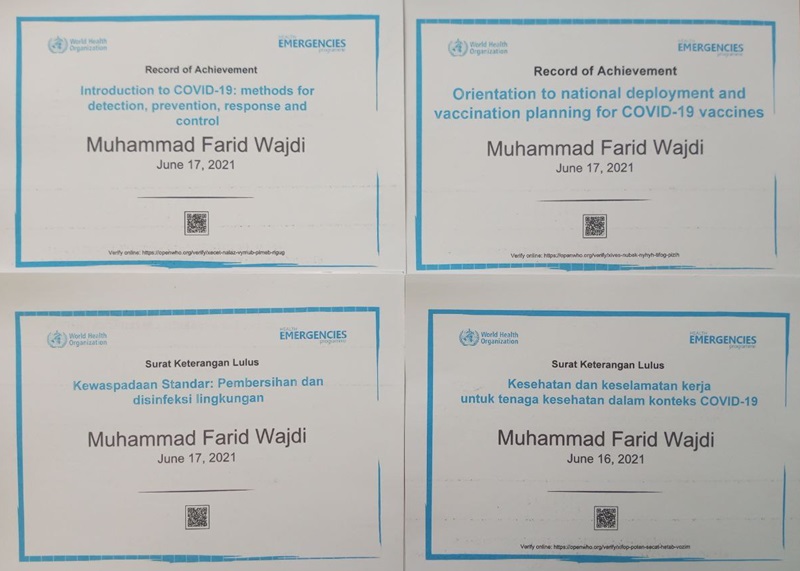 Meraih "Record of Achievement" dari Health Emergencies Programme - World Health Organization (WHO)
