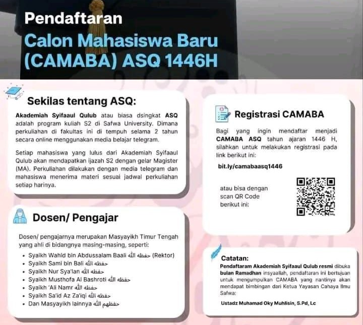 Pendaftaran Mahasiswa S2 (Online) Akademi Syifaul Qulub - Safwa University Mesir TA 1446 H Pendaftaran Mahasiswa S2 (Online) Akademi Syifaul Qulub - Safwa University Mesir TA 1446 H