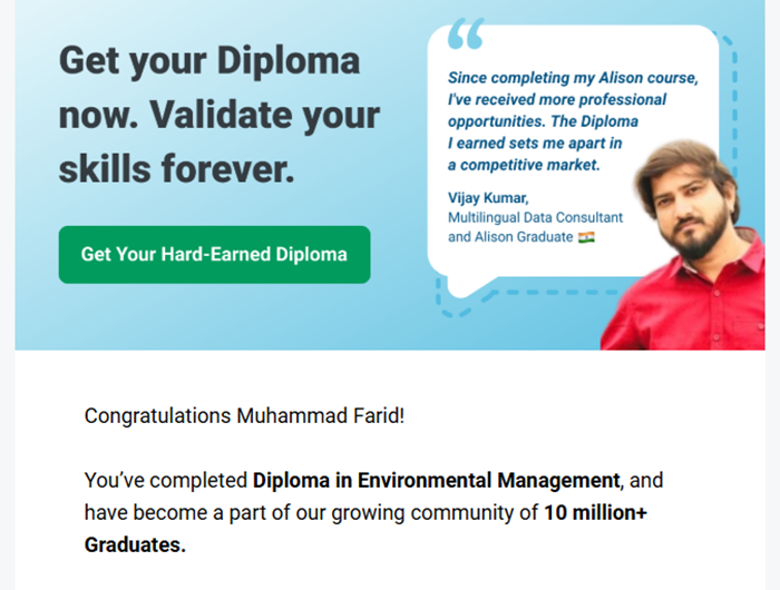 Meraih "Diploma of Environmental Management" dari Alison.com Meraih "Diploma of Environmental Management" dari Alison.com