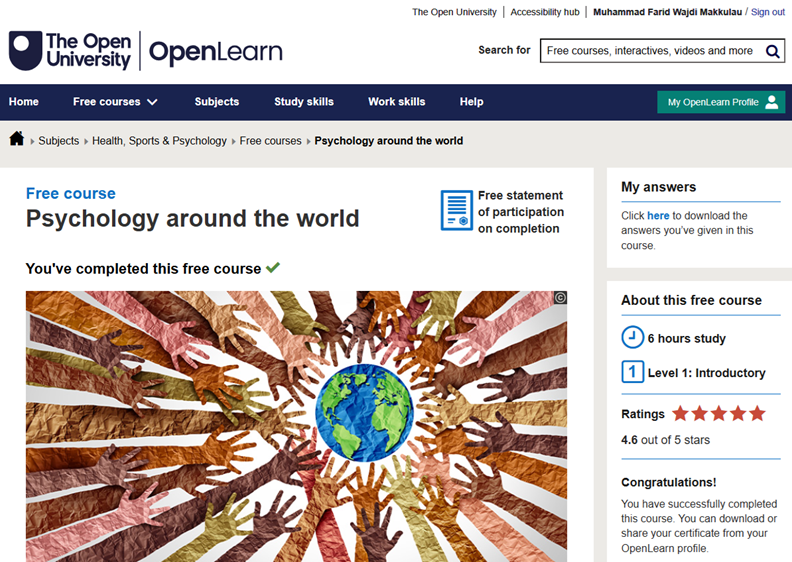 Menyelesaikan Kursus "Psychology Around the World" di Situs Open Learn The Open University Menyelesaikan Kursus "Psychology Around the World" di Situs Open Learn The Open University