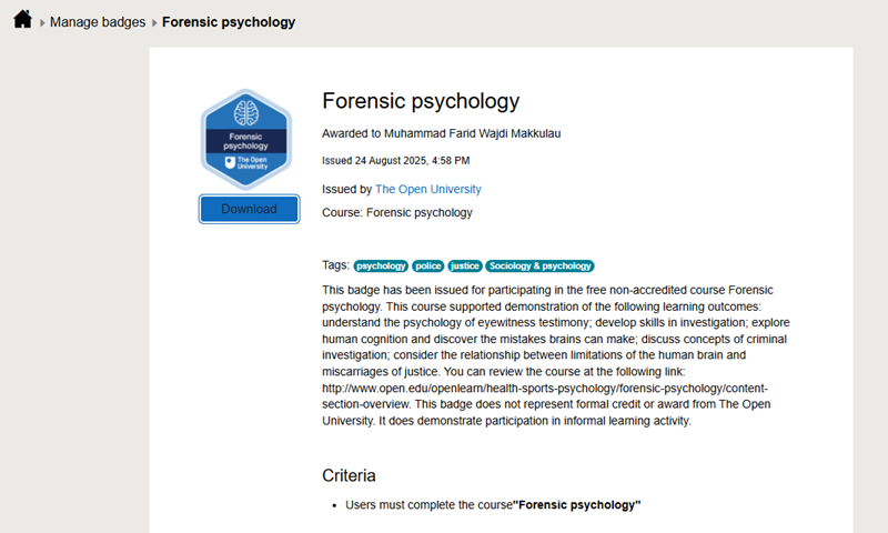 Meraih Badge "Forensic Psychology" dari OpenLearn the Open University Meraih Badge "Forensic Psychology" dari OpenLearn the Open University