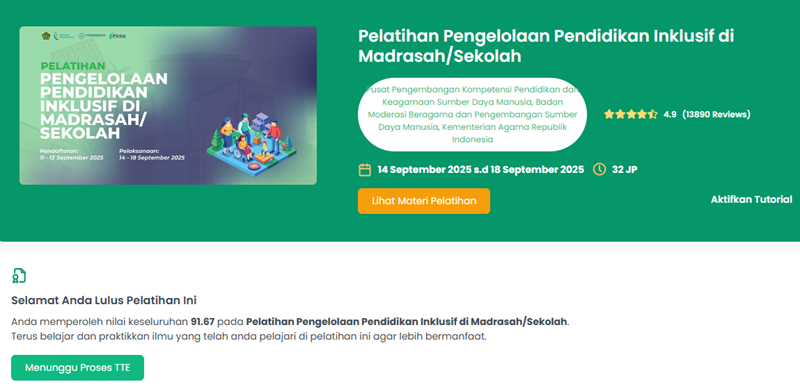 Lulus "Sangat Kompeten" pada Pelatihan Pengelolaan Pendidikan Inklusif di Madrasah/Sekolah
