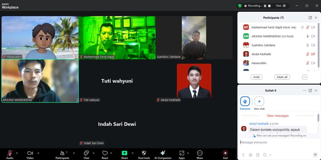 Absensi Zoom Meeting perkuliahan "Dinamika Peradaban Islam", Ahad (19/10/2025). (foto: ist/*)