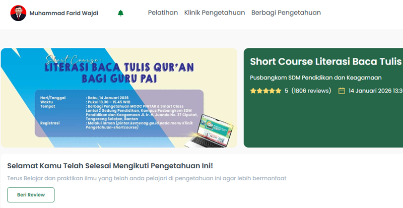 Short Course Literasi Baca Tulis Qurán Bagi Guru PAI