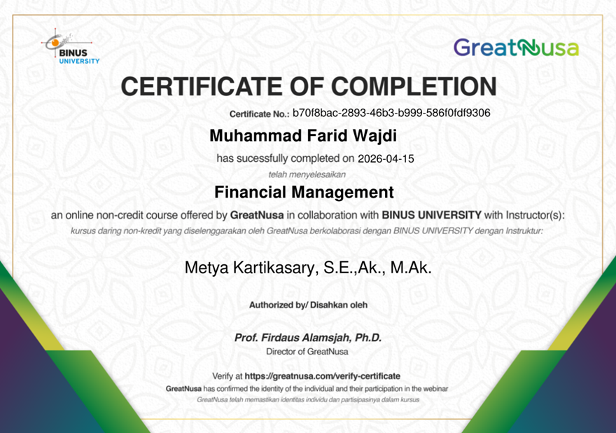 Menyelesaikan Kursus "Financial Management" Great Nusa - Binus University Menyelesaikan Kursus "Financial Management" Great Nusa - Binus University